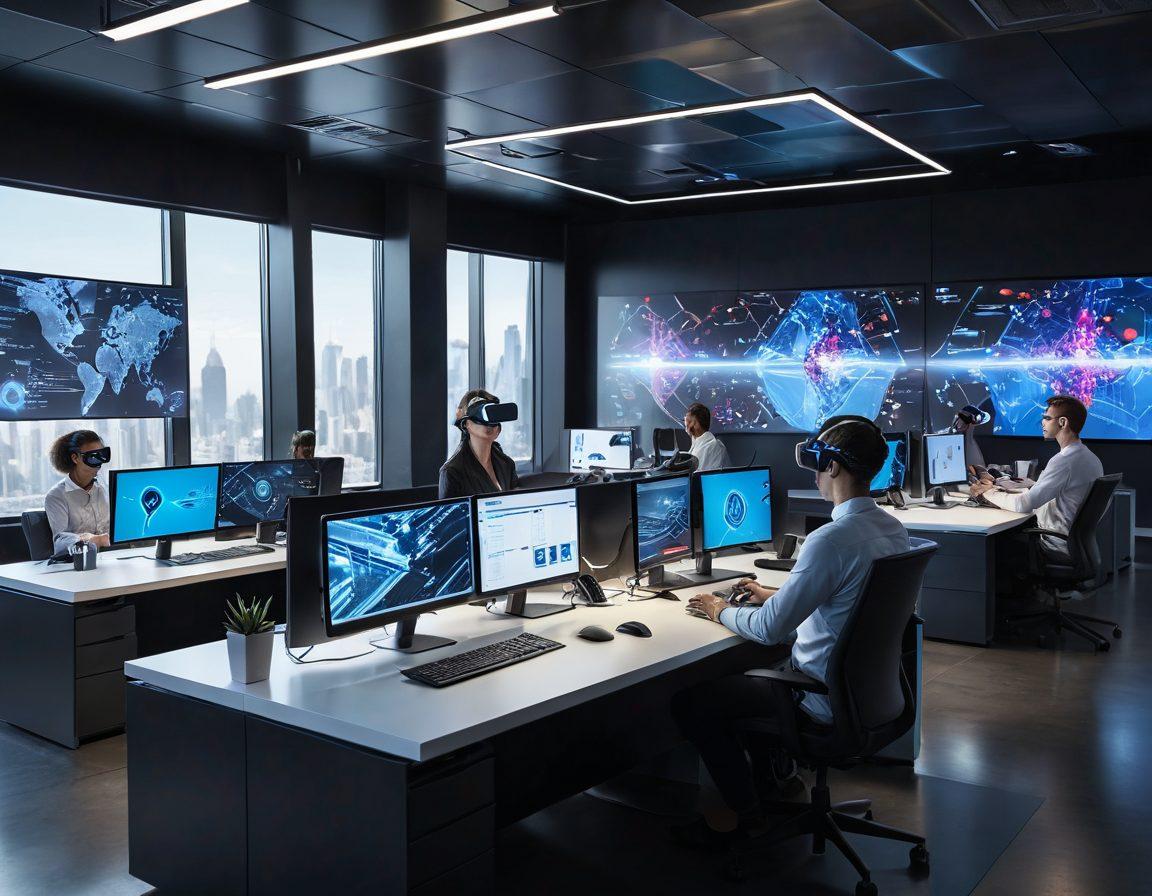 A futuristic office with people working on cutting-edge technology like virtual reality, AI, and remote setups. Employees are digitally connected, collaborating through holograms and advanced digital devices. Smart desks with multiple screens displaying data, lively atmosphere with diverse professionals. super-realistic. vibrant colors. modern-futuristic style.